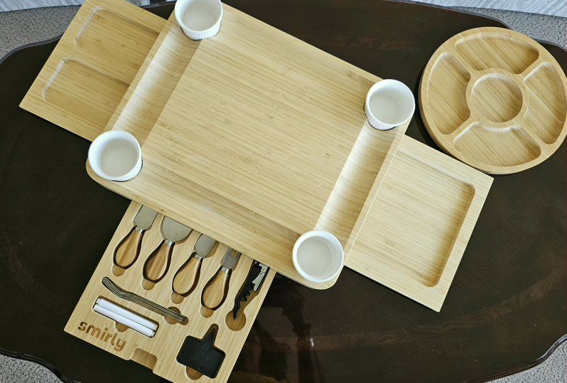 Smirly Extra Large Bamboo Charcuterie Board Set with Knives & Bowls - Serving Platter for Entertaining