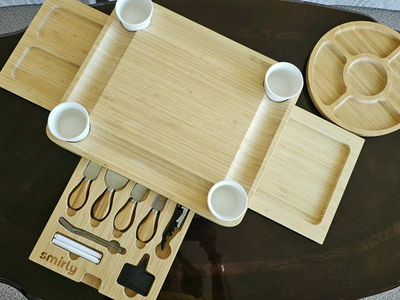 Smirly Extra Large Bamboo Charcuterie Board Set with Knives & Bowls - Serving Platter for Entertaining