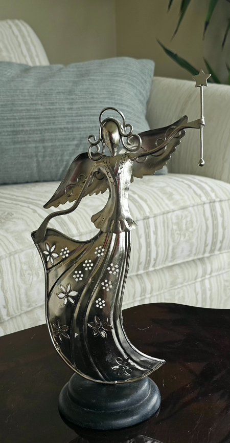 Silver Metal Angel Figurine with Star Wand and Cutout Dress 15"Tx7"W