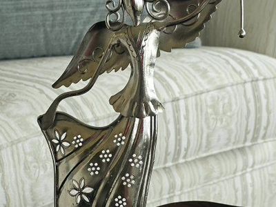 Silver Metal Angel Figurine with Star Wand and Cutout Dress 15"Tx7"W
