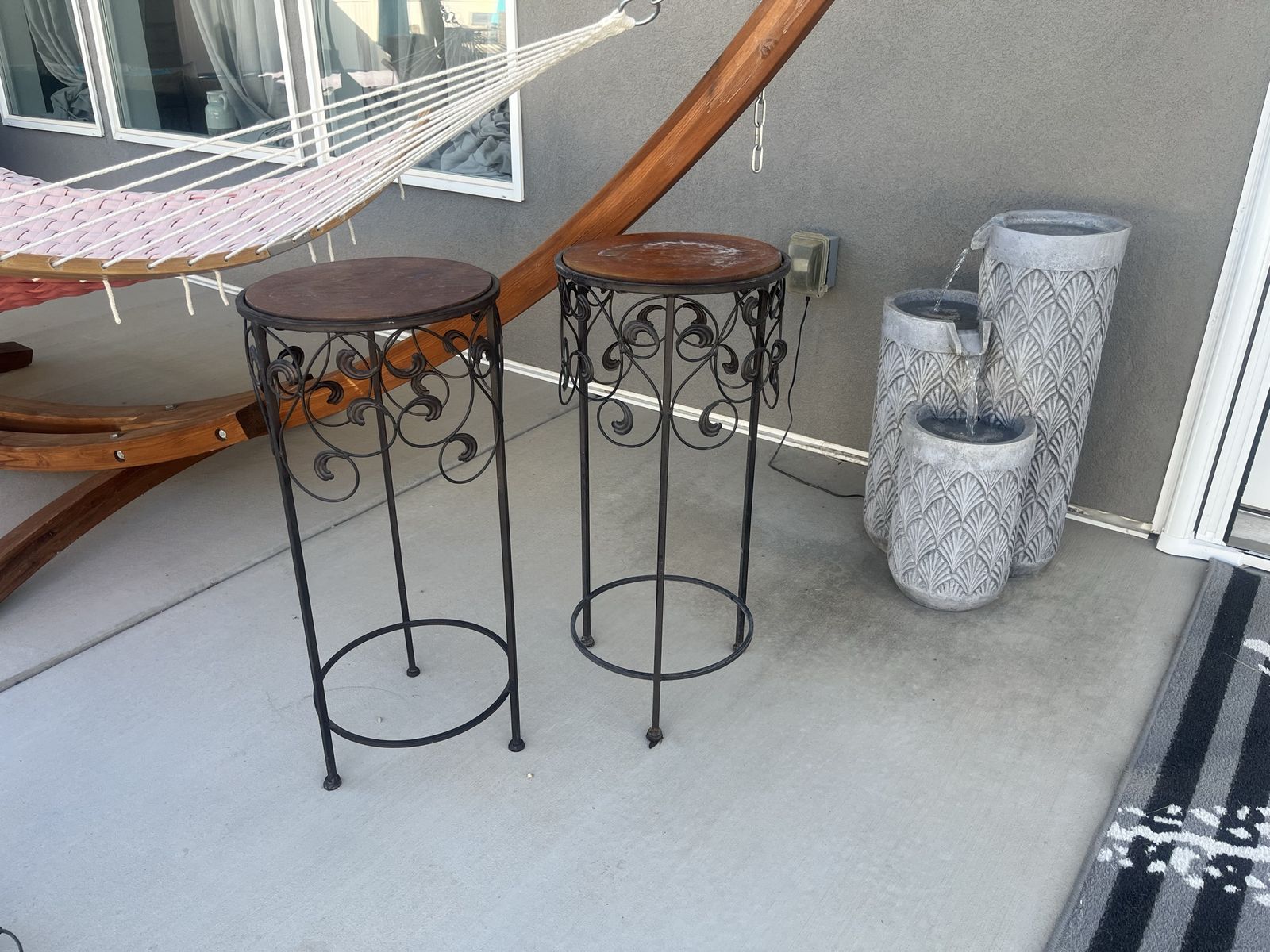 Set of 2 Metal Scrollwork Plant Stands with Wooden Tops
