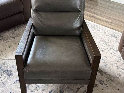 Mid-Century Modern Accent Chair – Gray Leather w/ Dark Wood Frame