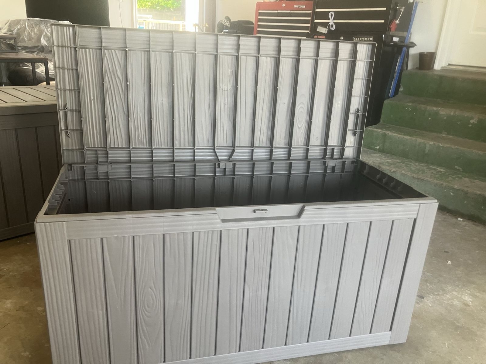 Small deck box Or this would make a great toy box it’s a perfect size. 43 x 18 x 20 tall.