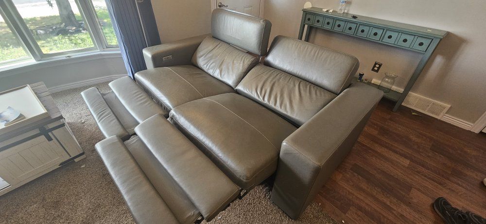 Gray Leather Power Reclining Sofa with Adjustable Headrests