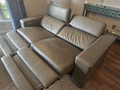 Gray Leather Power Reclining Sofa with Adjustable Headrests