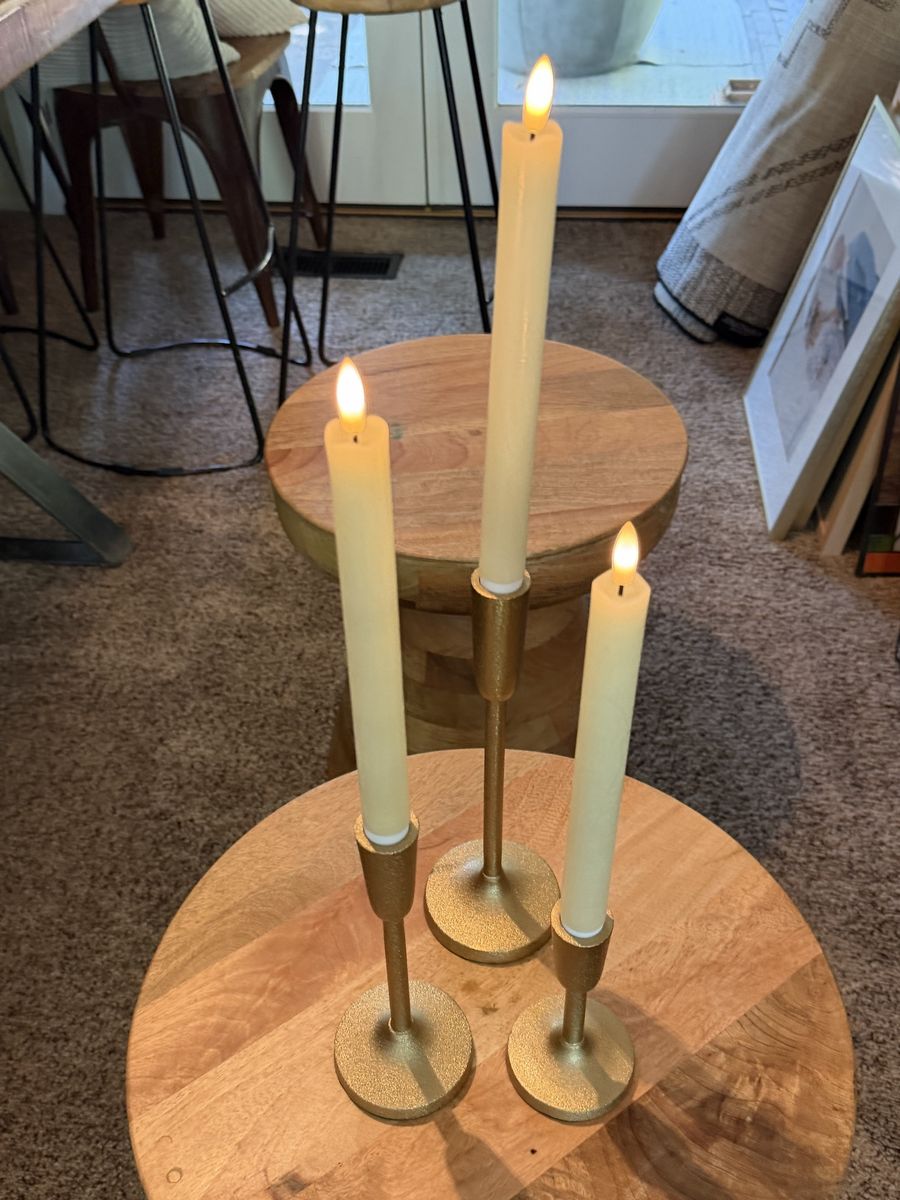 Set of 3 Flameless Taper Candles with Gold & Black Candle Holders - Battery Operated LED- includes gold and black holders