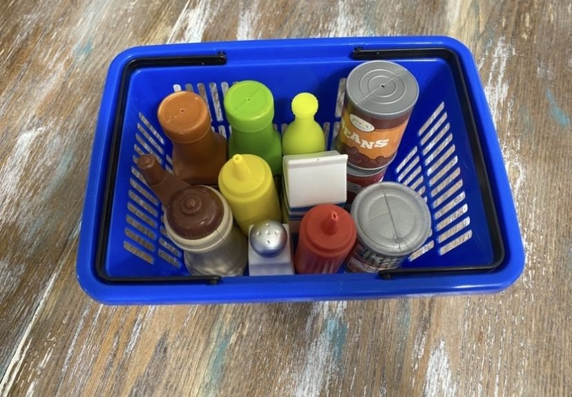 Kids Play Kitchen Mini Blue Shopping Basket, Items