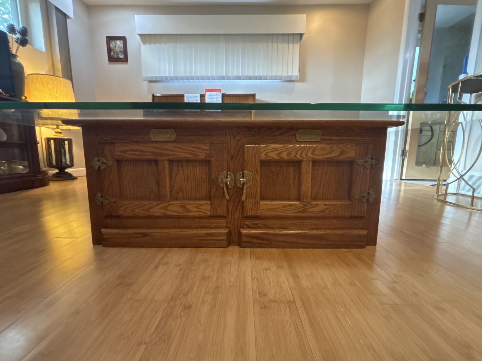 Vintage Oak Wood & Glass Coffee Table with Ice Box Style Cabinetry