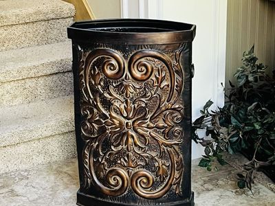Large Embossed Bronze/Black Planter Pot - Decorative Indoor/Outdoor Urn, Ornate Design