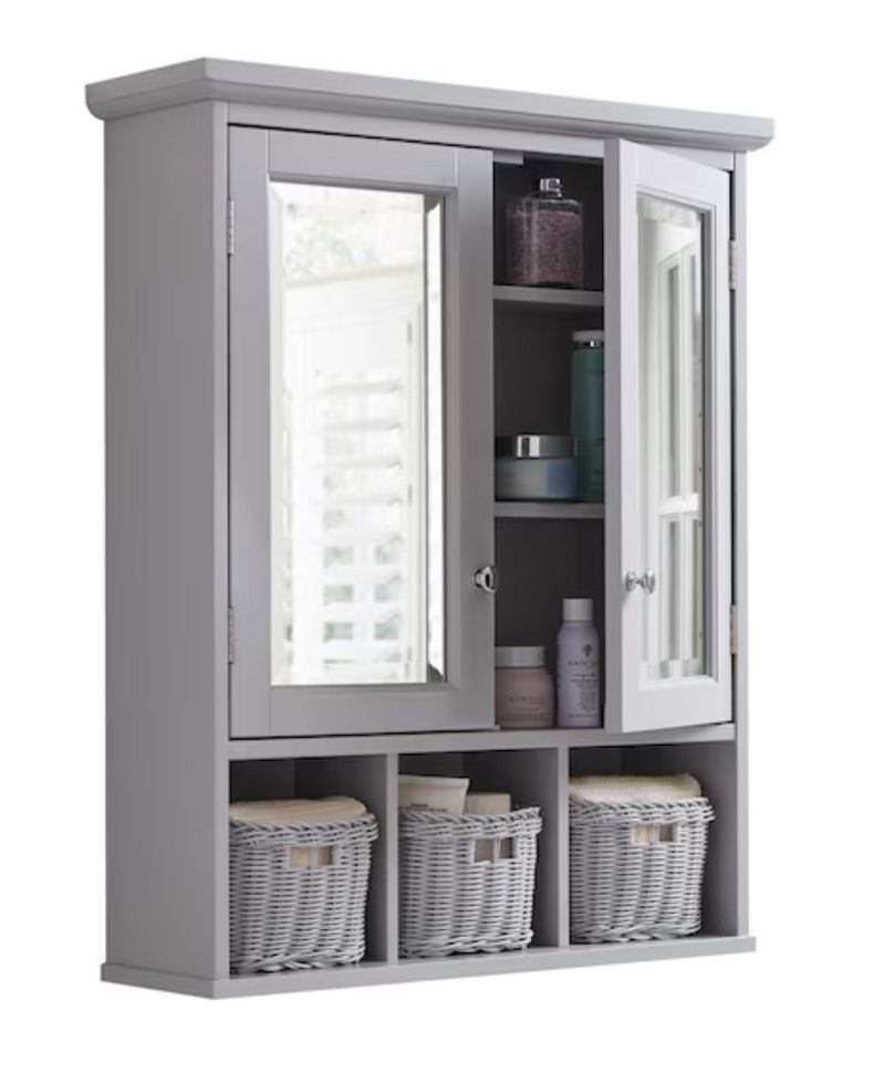 Allen + Roth 24.75-in x 30.25-in Surface Mount Grey Mirrored Soft Close Medicine Cabinet