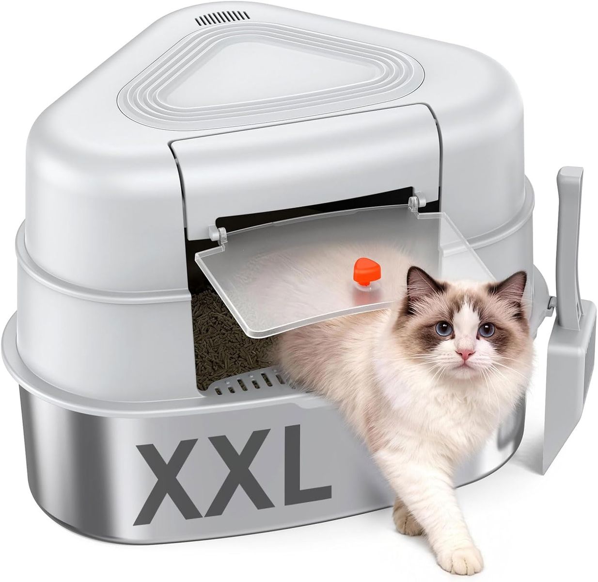 NEW XXL Stainless Steel Corner Cat Litter Box with Lid - Sturdy, No Odor & Space-Saving Hidden Design for Large Cats, Grey