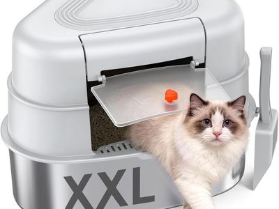 NEW XXL Stainless Steel Corner Cat Litter Box with Lid - Sturdy, No Odor & Space-Saving Hidden Design for Large Cats, Grey