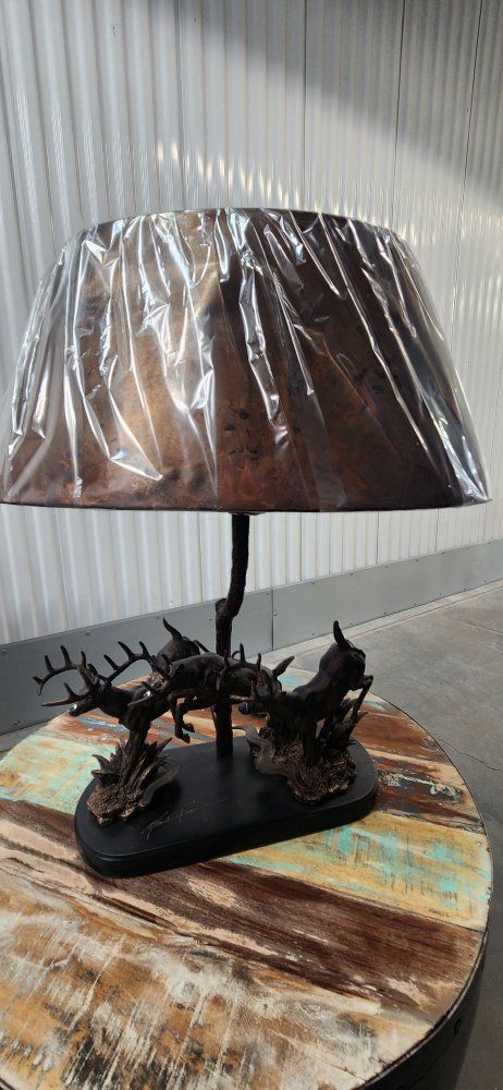 Michael Ricker Bronze Running Deer Table Lamp with Antlers & Shade - Signed Sculpture