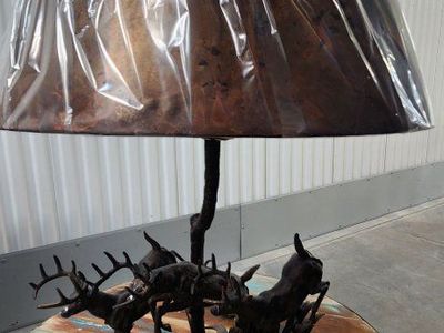 Michael Ricker Bronze Running Deer Table Lamp with Antlers & Shade - Signed Sculpture