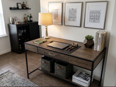 Industrial Wood and Metal Writing Desk with Storage Shelf and Drawers