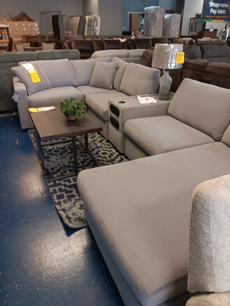 Modern Gray Fabric Sectional Sofa with Chaise and Storage Console