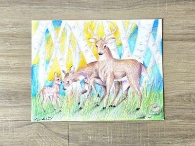 Colored Pencil Drawing of Deer Family in Birch Forest Art