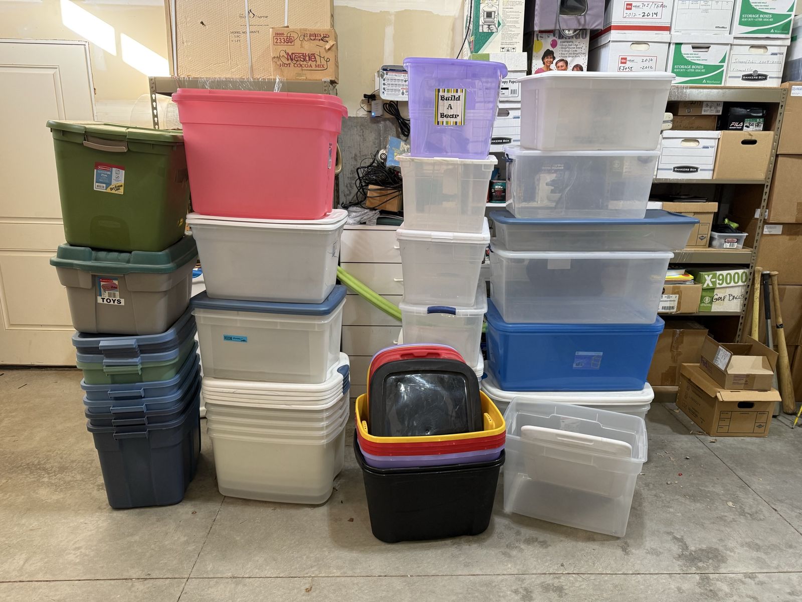 42 Assorted storage bins with lids