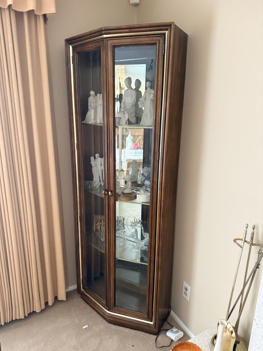 Elegant Corner Curio Cabinet by American Furniture of Martinsville- Dark Wood, Glass Doors, Mirrored Back