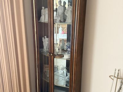 Elegant Corner Curio Cabinet by American Furniture of Martinsville- Dark Wood, Glass Doors, Mirrored Back