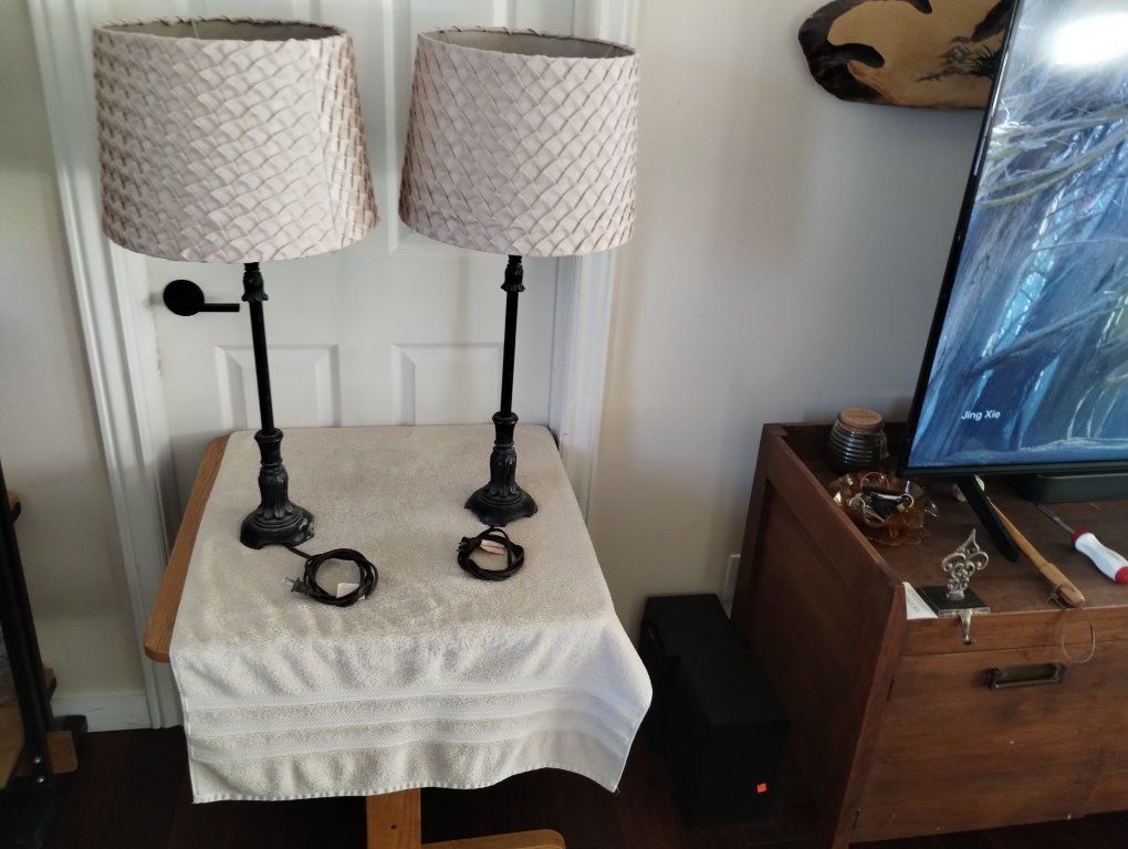 Pair of Bronze Finish Table Lamps with Pleated Fabric Shades - Classic Home Lighting