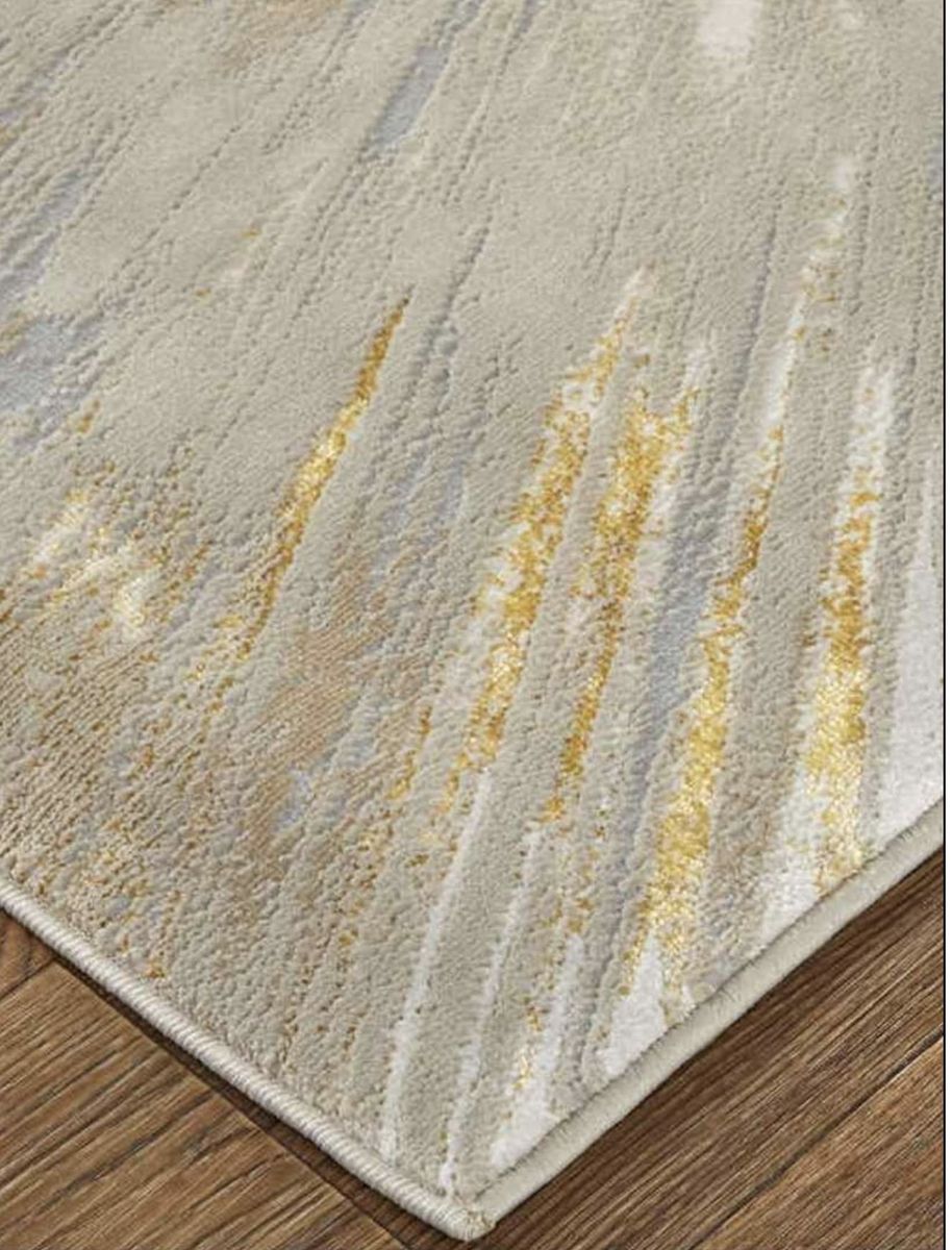 Modern Abstract Area Rug with Gold and Grey Starburst Pattern