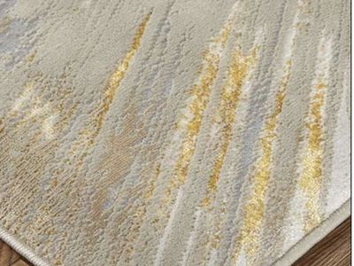 Modern Abstract Area Rug with Gold and Grey Starburst Pattern
