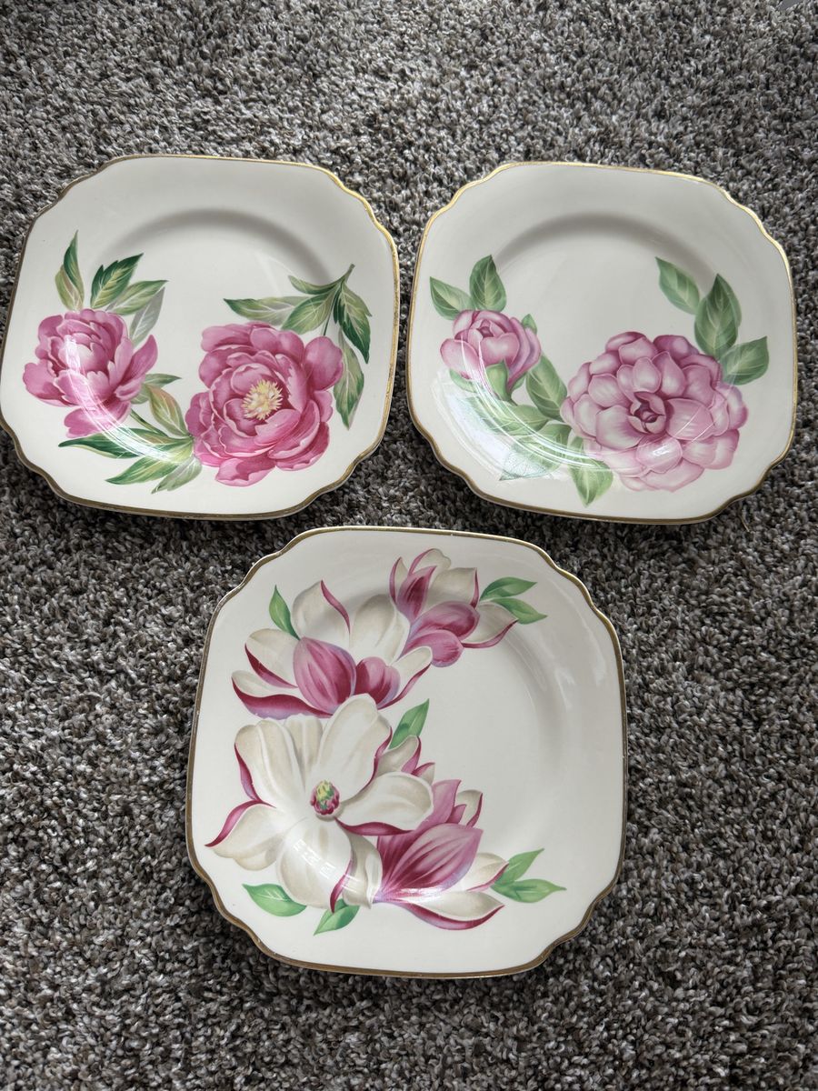 Vintage Syracuse China 'The Magnolia' Dessert Plates - Set of 3 - Floral Gold Rim Square - Onondaga Pottery Co.