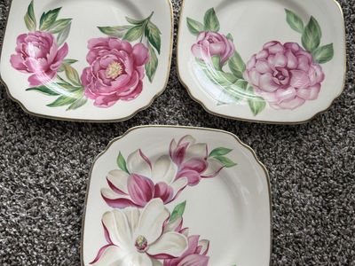 Vintage Syracuse China 'The Magnolia' Dessert Plates - Set of 3 - Floral Gold Rim Square - Onondaga Pottery Co.