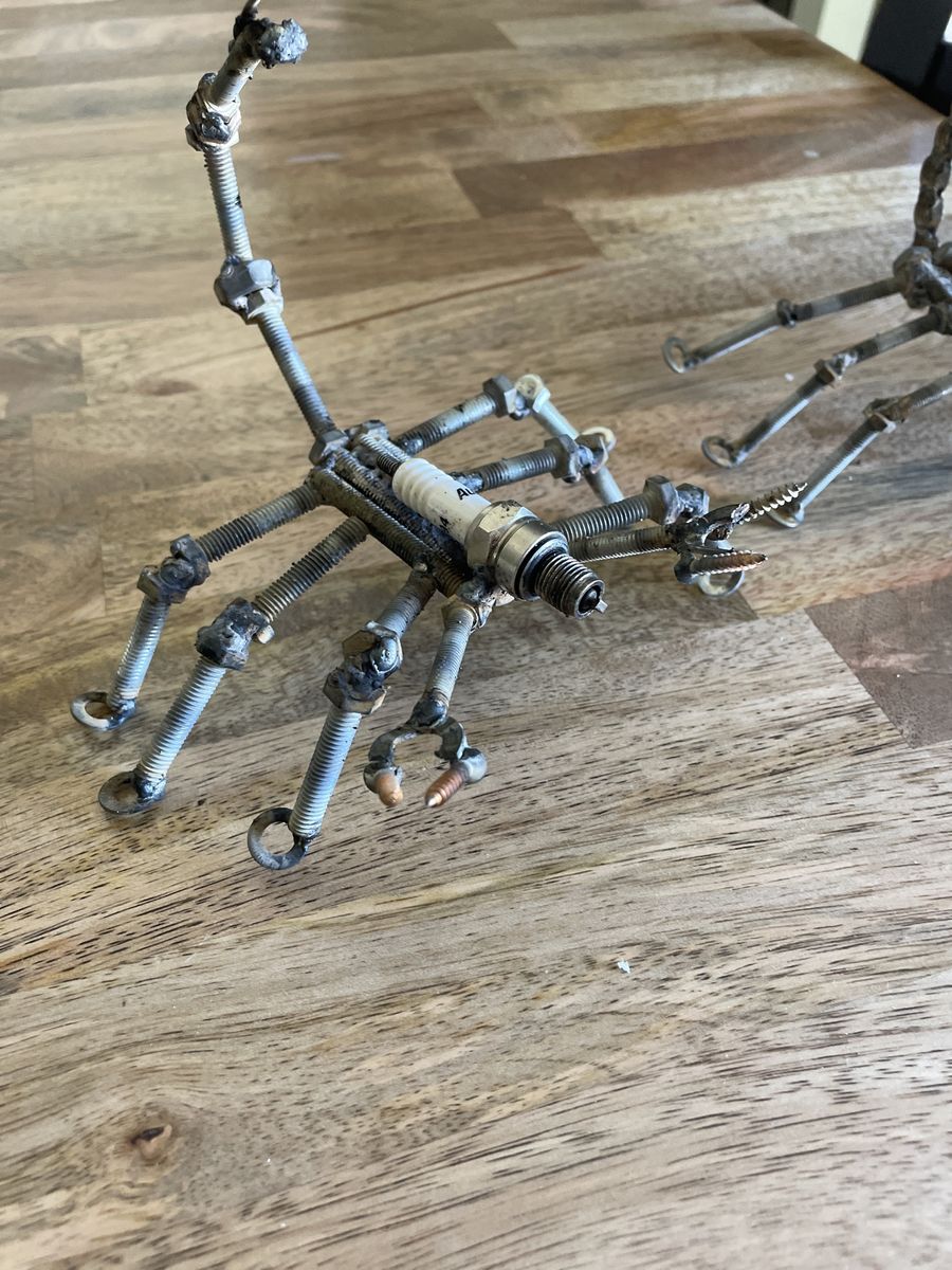 Handmade Metal Scorpion Sculpture - Unique Industrial Art from Nuts, Bolts, and Spark Plug