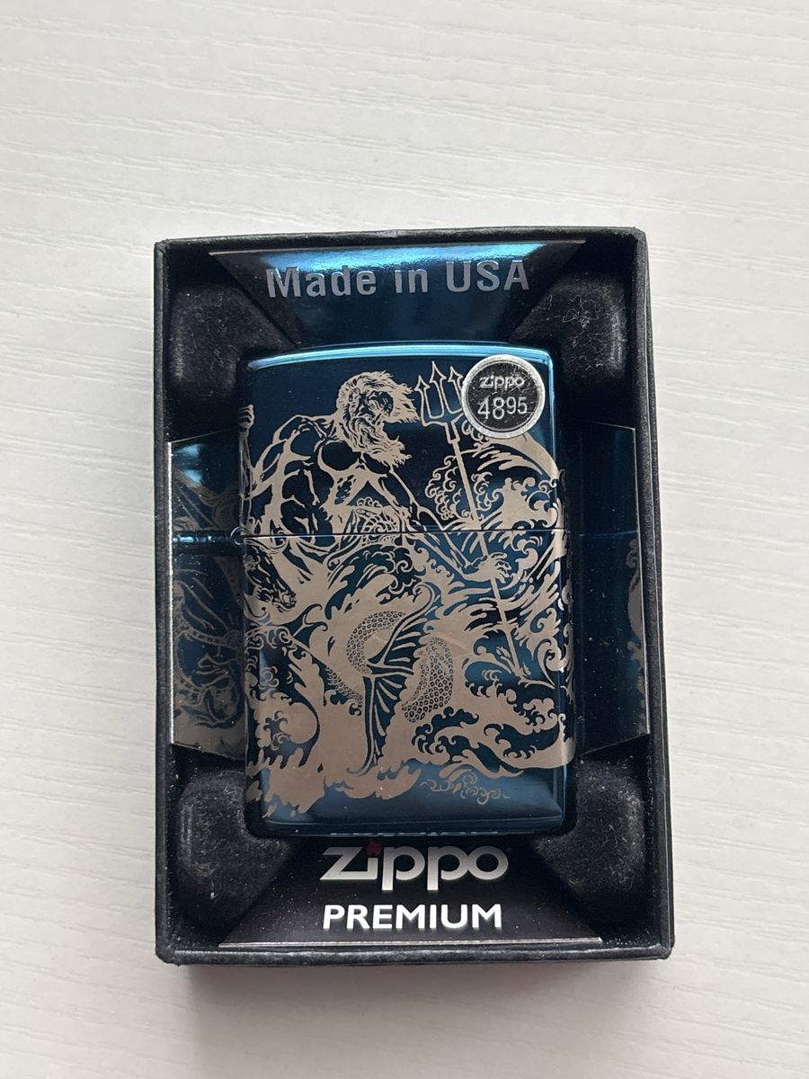 Zippo Premium Poseidon Neptune Metallic Blue Lighter #48787 in Box