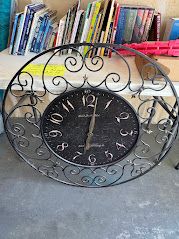 Large Round Black Metal Scroll Wall Clock Decorative Roman & Arabic Numerals