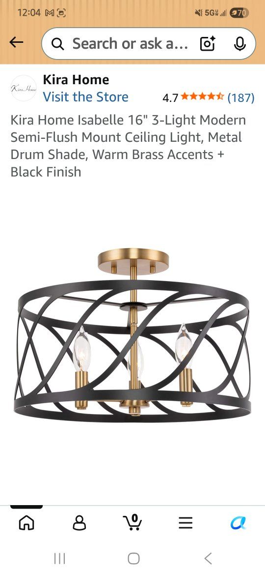 Kira Home Isabelle 16" 3-Light Modern Semi-Flush Mount Ceiling Light, Black & Warm Brass