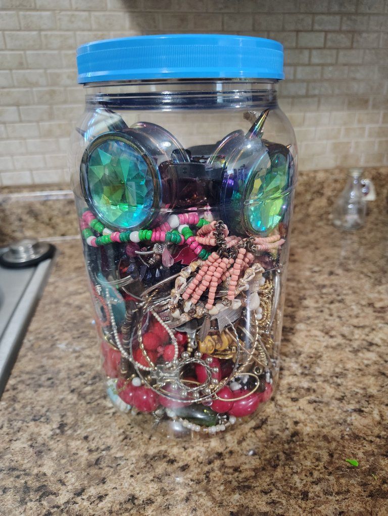 Large Jar of Assorted Jewelry & Accessories - Necklaces, Bracelets, Earrings, Rings, Headbands