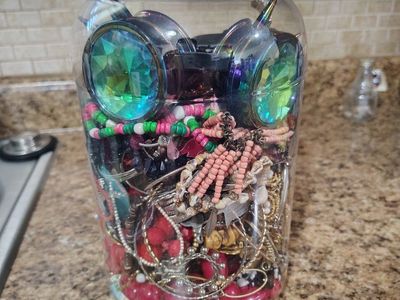 Large Jar of Assorted Jewelry & Accessories - Necklaces, Bracelets, Earrings, Rings, Headbands