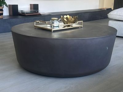Cb2 cap grey cement table -Modern Round Coffee Table, Gray Concrete Style, Low Profile Design