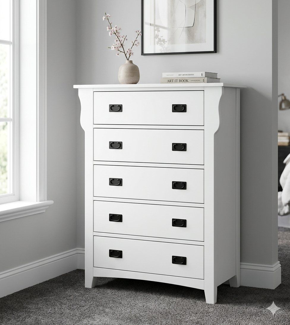 White 5-Drawer Wooden Dresser with Black Hardware