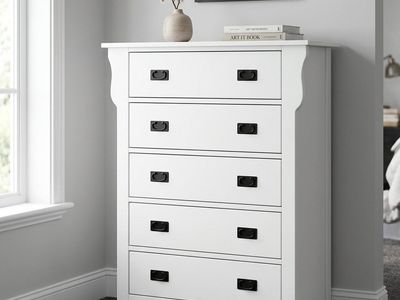 White 5-Drawer Wooden Dresser with Black Hardware