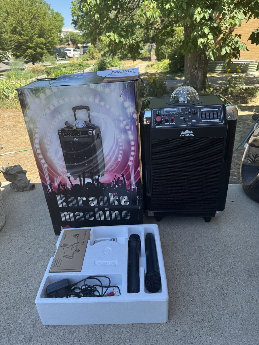New KaraoKing Karaoke Machine Speaker System with 2 Microphones, Tablet Holder, AUX/USB/FM Radio