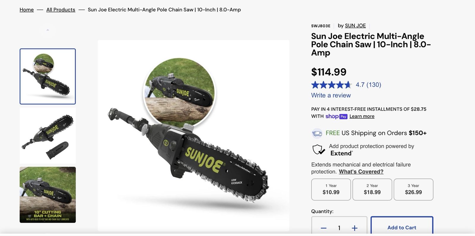 Sun Joe 10” Electric Telescoping Pole Chainsaw 