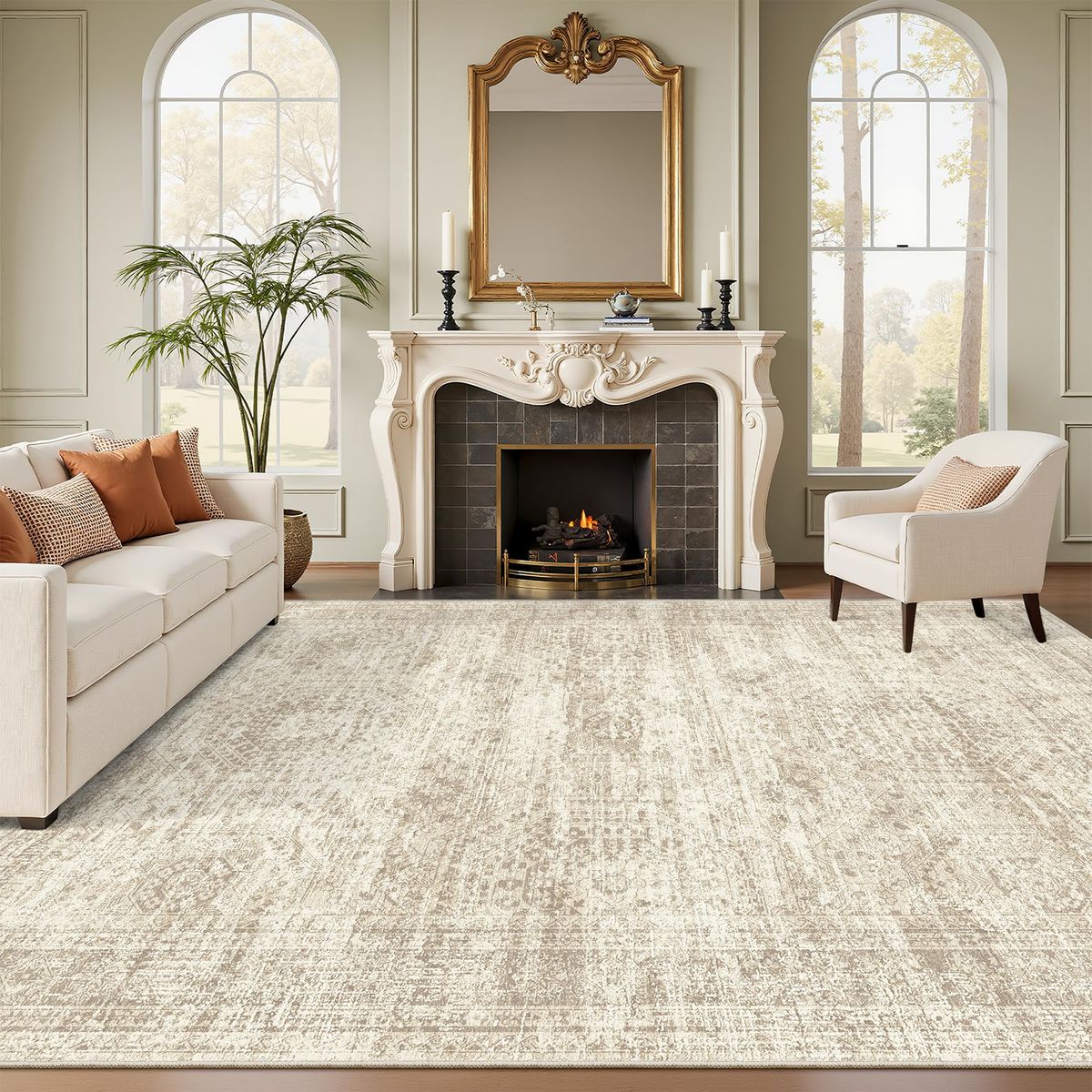 Washable Area Rug 8x10, Large Soft Rugs for Living Room Vintage Beige Carpet