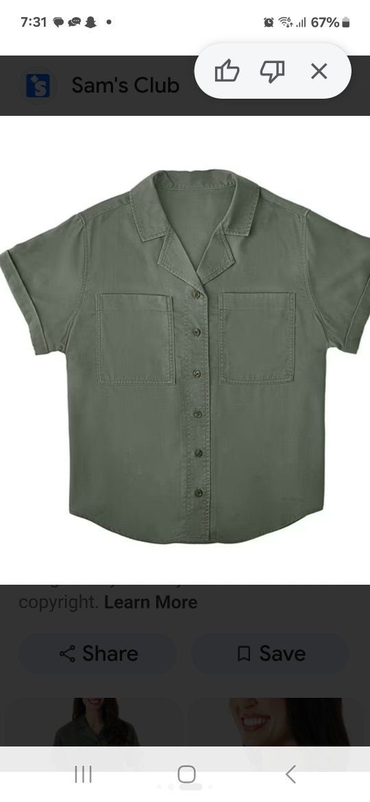 Sam's Club Women's Short Sleeve Button-Down Shirt with Pockets - Green, Size Medium New with tags