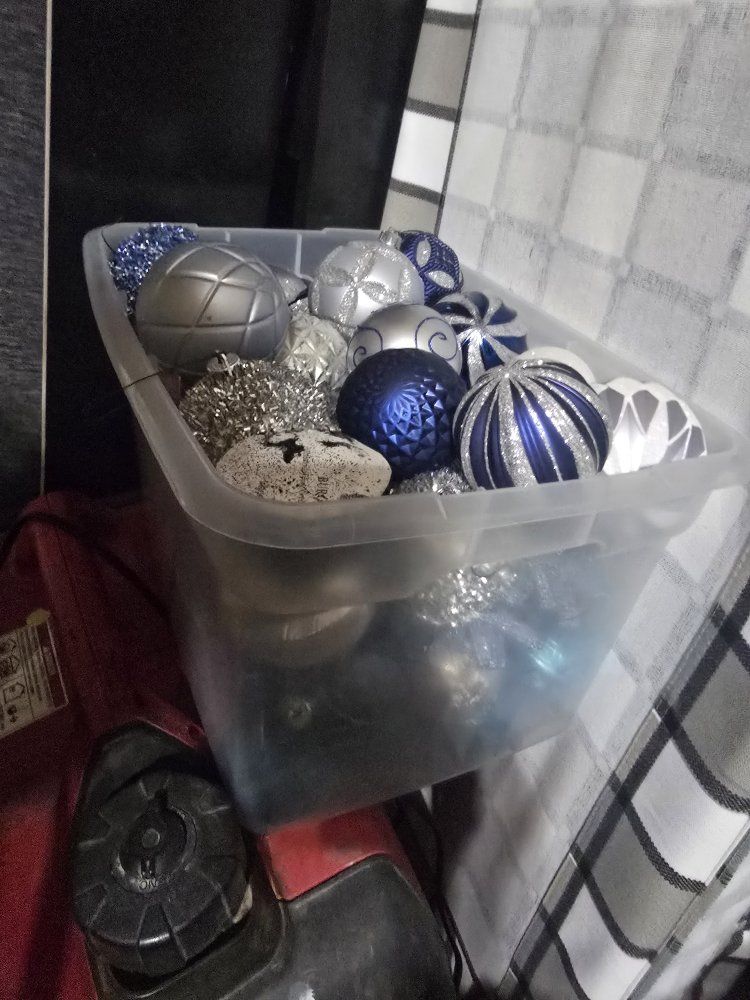 Christmas Decorations. Ornaments, lights, and tree skirt