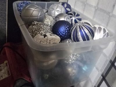 Christmas Decorations. Ornaments, lights, and tree skirt