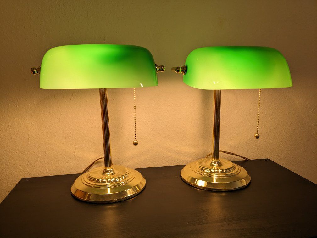 Green Glass Banker's Desk Lamps (Pair)
