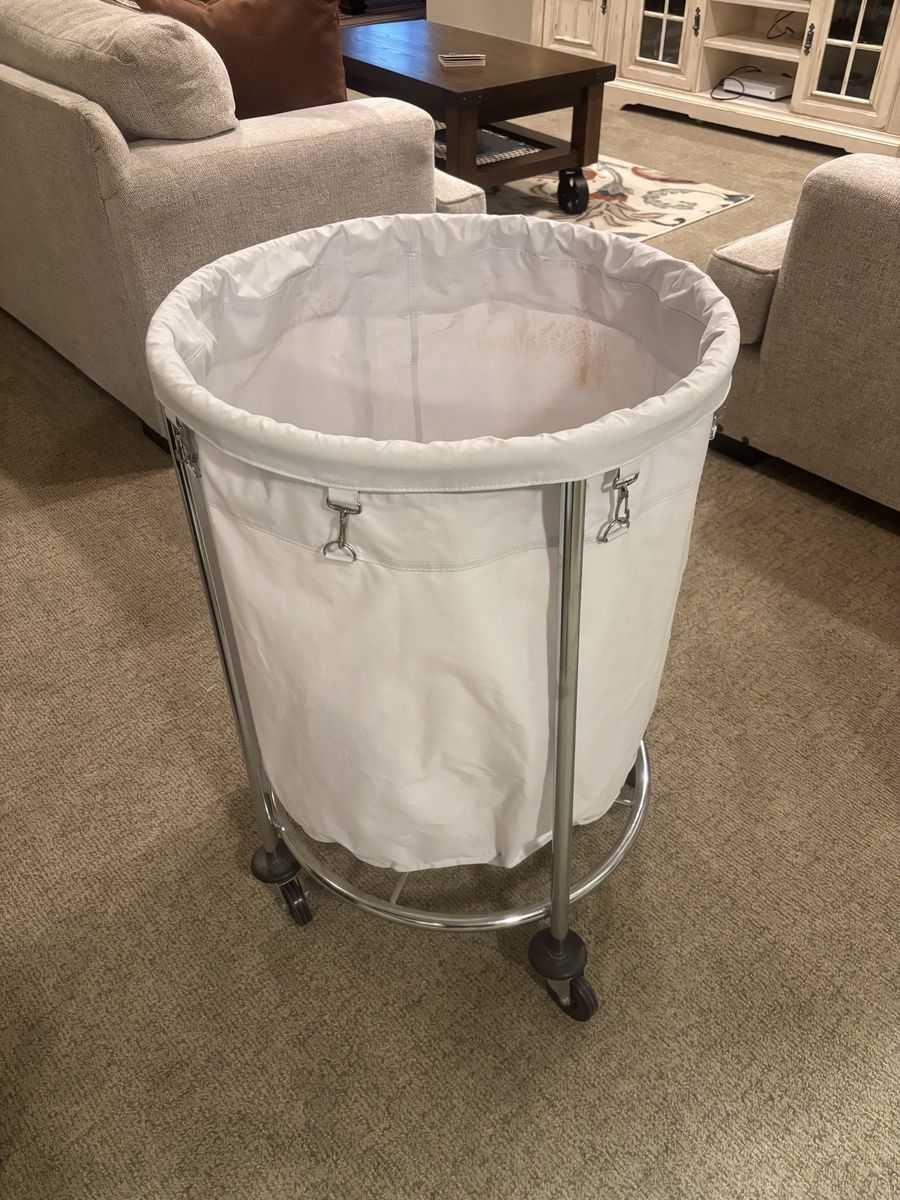 Commercial Round Rolling Laundry Hamper Cart with White Canvas Bag