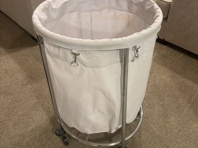 Commercial Round Rolling Laundry Hamper Cart with White Canvas Bag
