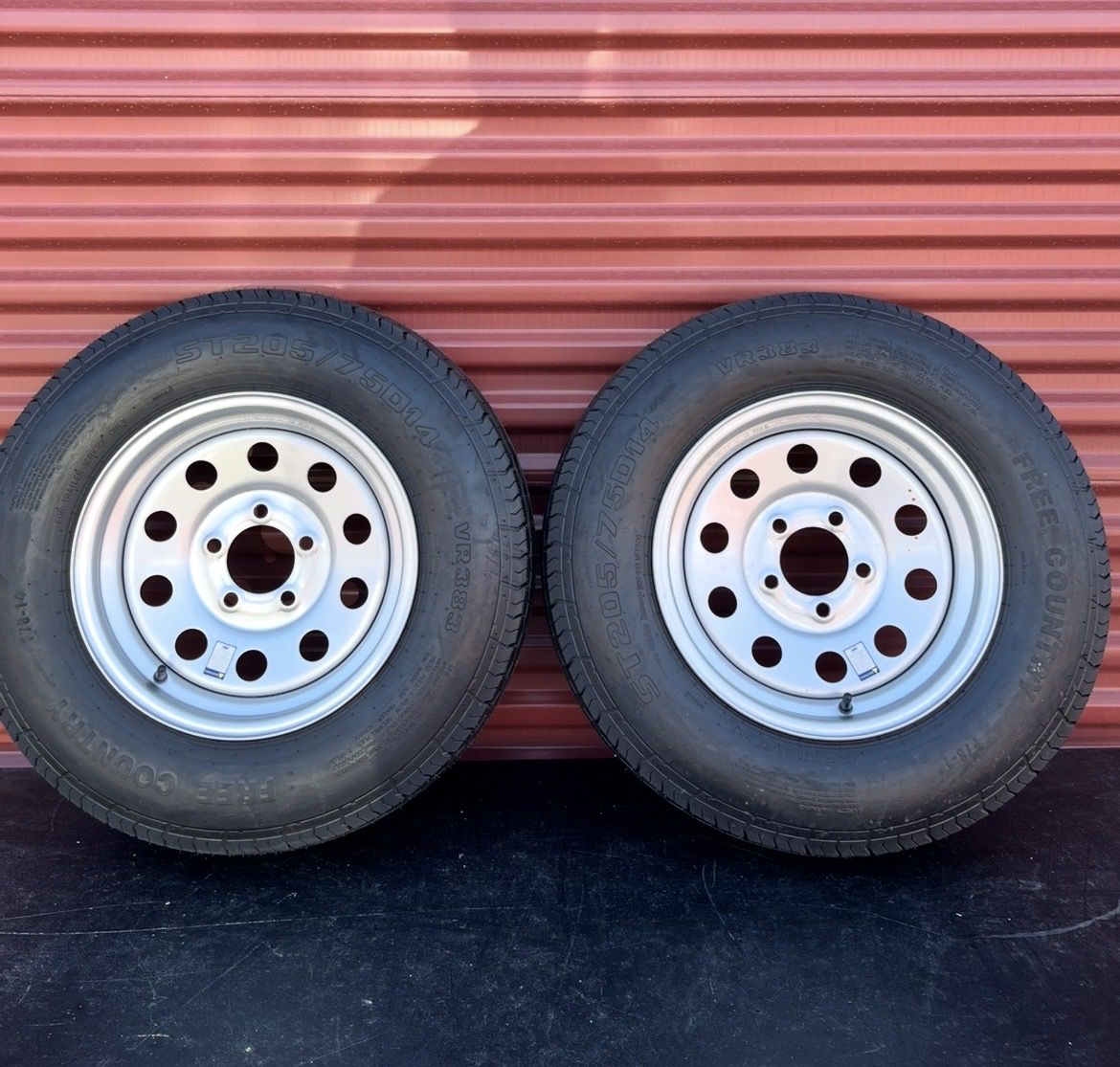 Set of 2 Free Country ST 205/75 D 14” Trailer Tires Mounted on New Silver Mod Wheels 5 on 4.5  Brand New