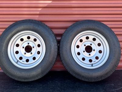 Set of 2 Free Country ST 205/75 D 14” Trailer Tires Mounted on New Silver Mod Wheels 5 on 4.5 Brand New
