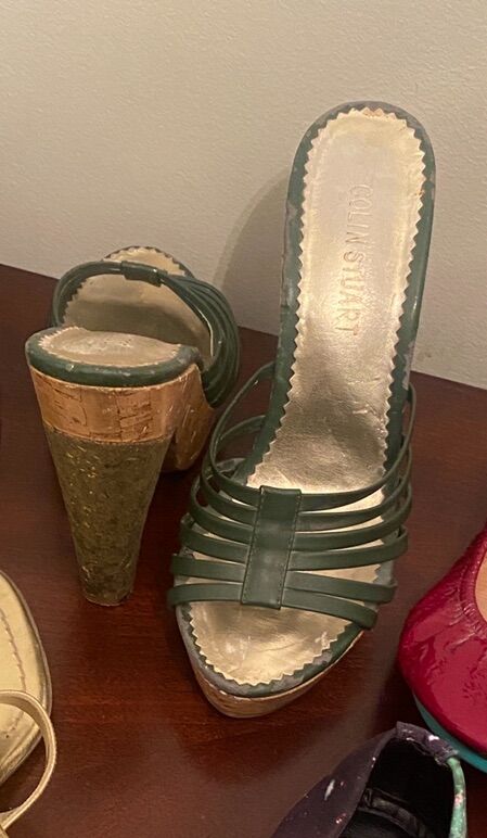 COLIN STUART Green Leather Strappy Cork Heels Sz7